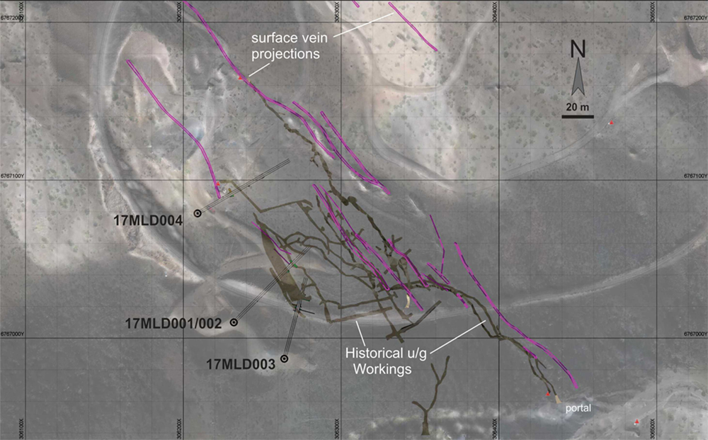 Underground workings, vein traces and recent drilling